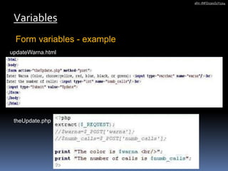 Form variables - example
Variables
afm -INFO2301S1Y1314
updateWarna.html
theUpdate.php
 