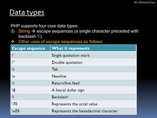 PHP supports four core data types:
3) String  escape sequences (a single character preceded with
backlash ‘’).
 Other uses of escape sequences as follows
Data types
afm -INFO2301S1Y1314
 