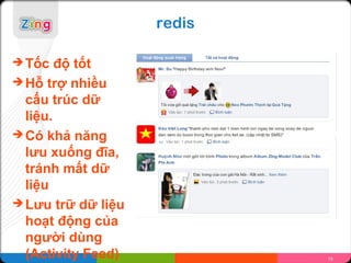 redis

 Tốc   độ tốt
 Hỗ trợ nhiều
  cấu trúc dữ
  liệu.
 Có khả năng
  lưu xuống đĩa,
  tránh mất dữ
  liệu
 Lưu trữ dữ liệu
  hoạt động của
  người dùng
  (Activity Feed)           15
 