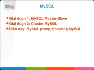 MySQL

 Giai đoạn 1: MySQL Master-Slave
 Giai đoạn 2: Cluster MySQL
 Hiện nay: MySQL proxy, Sharding MySQL




                                          16
 