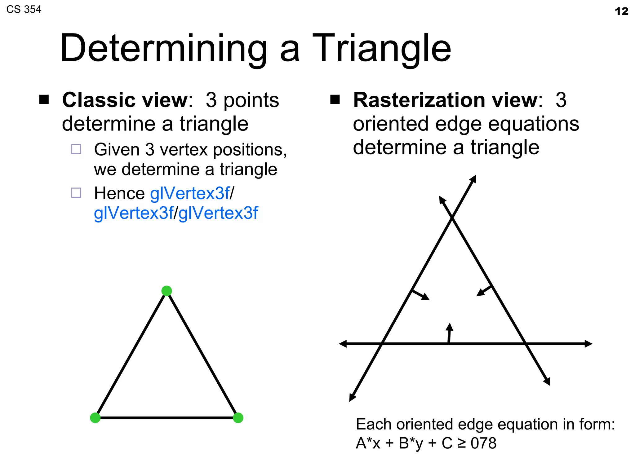 Determining a Triangle Classic view :  3 points determine a triangle Given 3 vertex positions, we determine a triangle Hence  glVertex3f / glVertex3f / glVertex3f Rasterization view :  3 oriented edge equations determine a triangle Each oriented edge equation in form: A*x + B*y + C ≥ 078 