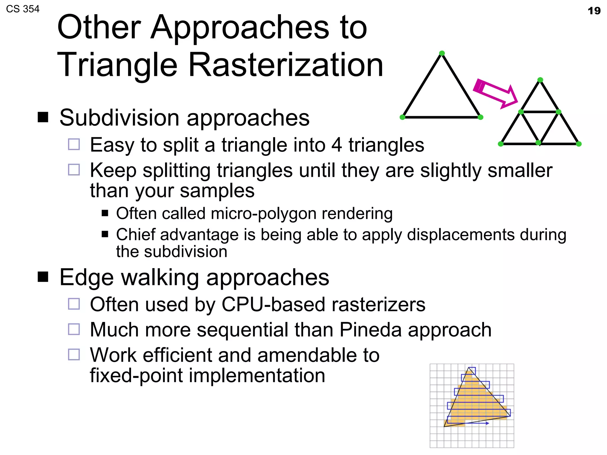 Other Approaches to Triangle Rasterization Subdivision approaches Easy to split a triangle into 4 triangles Keep splitting triangles until they are slightly smaller than your samples Often called micro-polygon rendering Chief advantage is being able to apply displacements during the subdivision Edge walking approaches Often used by CPU-based rasterizers Much more sequential than Pineda approach Work efficient and amendable to fixed-point implementation 