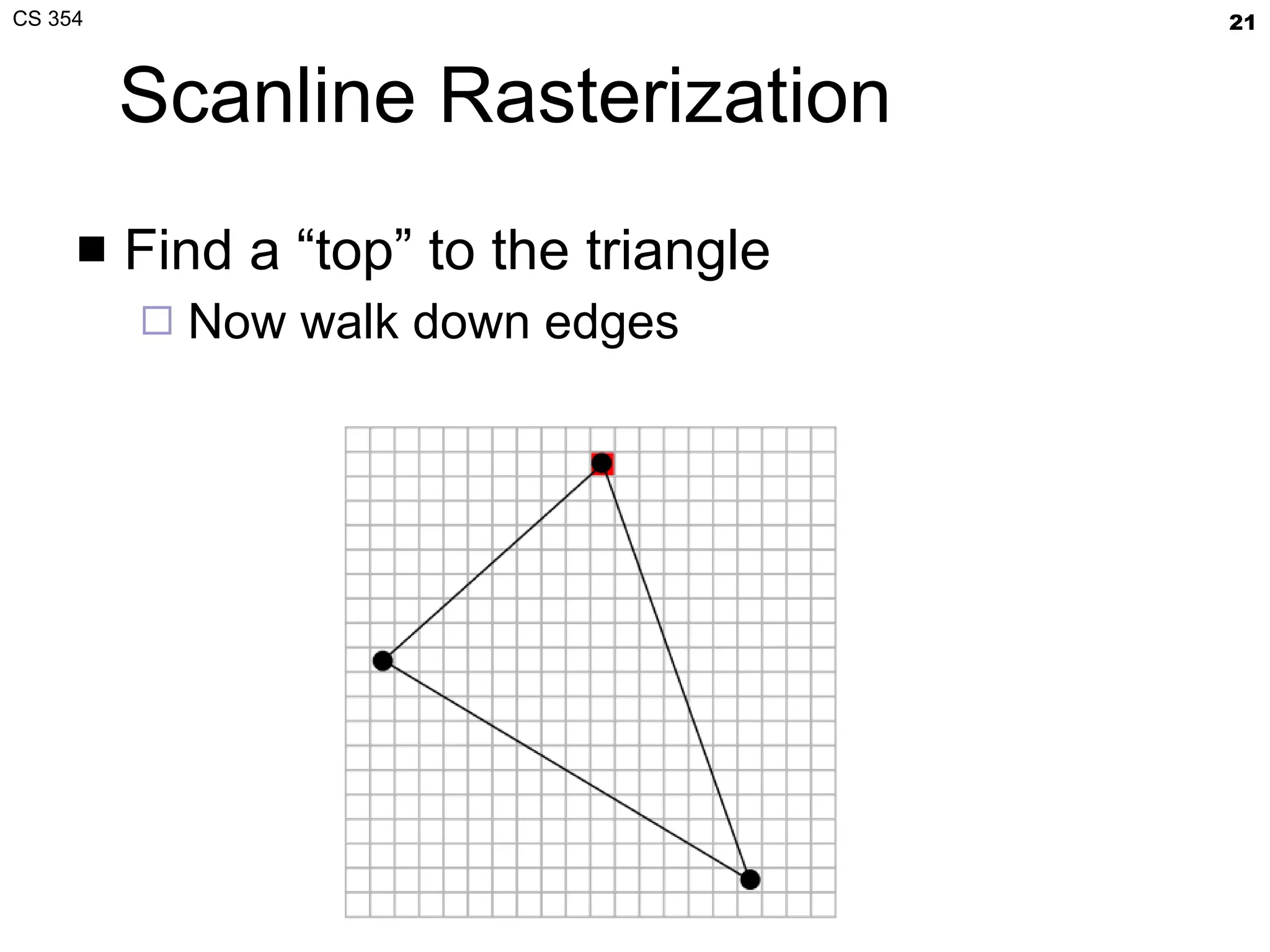 Scanline Rasterization Find a “top” to the triangle Now walk down edges 