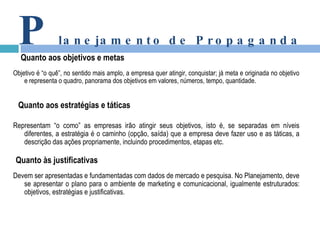 Objetivo é “o quê”, no sentido mais amplo, a empresa quer atingir, conquistar; já meta e originada no objetivo e representa o quadro, panorama dos objetivos em valores, números, tempo, quantidade. Representam “o como” as empresas irão atingir seus objetivos, isto é, se separadas em níveis diferentes, a estratégia é o caminho (opção, saída) que a empresa deve fazer uso e as táticas, a descrição das ações propriamente, incluindo procedimentos, etapas etc. Devem ser apresentadas e fundamentadas com dados de mercado e pesquisa. No Planejamento, deve se apresentar o plano para o ambiente de marketing e comunicacional, igualmente estruturados: objetivos, estratégias e justificativas. P lanejamento de Propaganda Quanto aos objetivos e metas Quanto aos estratégias e táticas Quanto às justificativas 