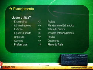  Planejamento

       Quem utiliza?
       •   Engenheiros          Projeto
       •   Administradores      Planejamento Estratégico
       •   Exército             Tática de Guerra
       •   Equipes Esporte      Treinam antecipadamente
       •   Orquestra            Ensaia
       •   Governo              Orçamento
       •   Professores          Plano de Aula




© DMM, 2009                                           www.dmmonteiro.com
 