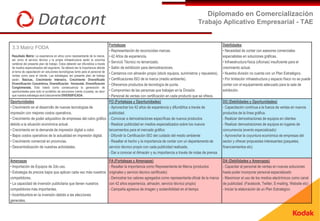 Diplomado en Comercialización
                                                                                                                                        Trabajo Aplicativo Empresarial - TAE


                                                                                Fortalezas                                                                Debilidades
 3.3 Matriz FODA
                                                                                • Representación de reconocidas marcas.                                   • Necesidad de contar con asesores comerciales
  Resultado Matriz: La experiencia en años como representante de la marca, • 42 Años de experiencia.                                                      especialistas en soluciones gráficas.
  así como el servicio técnico y la propia infraestructura serán la columna
  vertebral del presente plan de trabajo. Estos deberán ser difundidos a través
                                                                                • Servició Técnico no tercerizado.                                        • Infraestructura física (oficinas) insuficiente para el
  de medios especializados del segmento. Se deberá dar la importancia debida • Salón de exhibición para demostraciones.                                   crecimiento actual.
  al tema de capacitación en soluciones tecnológicas tanto para el personal de
                                                                                • Cantamos con almacén propio (stock equipos, suministros y repuestos).   • Nuestra división no cuenta con un Plan Estratégico.
  ventas como para el cliente. Las estrategias del presente plan de trabajo
  serán: Básicas, Crecimiento Intensivo, Crecimiento Diversificado • Certificaciones ISO de la marca (medio ambiente).                                    • Por limitación infraestructura y espacio físico no se puede
  Diversificación Concéntrica, Diversificación Horizontal, Diversificación • Ofrecemos productos de tecnología de punta.                                  contar con el equipamiento adecuado para la sala de
  Conglomerada. Esto traerá como consecuencia la generación de
  oportunidades para todo el portafolio de soluciones (venta cruzada), es decir • Compromiso de las personas que trabajan en la División.                 exhibición.
  que nuestra estrategia será básicamente DIVERSIFICADA.                        • Personal de ventas con certificación en cada producto que se ofrece.
Oportunidades                                                                   FO (Fortalezas y Oportunidades)                                           DO (Debilidades y Oportunidades)
• Crecimiento en el desarrollo de nuevas tecnologías de                         - Aprovechar los 42 años de experiencia y difundirlos a través de         - Capacitación contínua a la fuerza de ventas en nuevos
impresión con mejores costos operativos.                                        publicidad.                                                               productos de la línea gráfica.
• Crecimiento de poder adquisitivo de empresas del rubro gráfico - Convocar a demostraciones específicas de nuevos productos                              - Realizar demostraciones de equipos en clientes
debido a la situación económica actual.                                         - Realizar publicidad en medios especializados sobre los nuevos           - Realizar demostraciones de equipos en lugares de
• Crecimiento en la demanda de impresión digital a color.                       lanzamientos para el mercado gráfico                                      concurrencia (evento especializado)
• Bajos costos operativos de la actualidad en impresión digital.                - Difundir la Certificación ISO del cuidado del medio ambiente            - Aprovechar la coyuntura económica de empresas del
• Crecimiento comercial en provincias.                                          - Resaltar el hecho y la importancia de contar con un departamento de     sector y ofrecer propuestas interesantes (paquetes,
• Descentralización de nuestras actividades.                                    servicio técnico propio con cada publicidad realizada.                    financiamientos etc)
                                                                                - Dar a conocer el Almacén y su importancia a través de notas de prensa

Amenazas                                                               FA (Fortalezas y Amenazas)                                                         DA (Debilidades y Amenazas)
• Importación de Equipos de 2do uso.                                   - Resaltar la importancia como Representante de Marca (productos                   - Capacitar al personal de ventas en nuevas soluciones
• Estrategia de precios bajos que aplican cada vez más nuestros        originales y servicio técnico certificado)                                         hasta poder incorporar personal especializado
competidores.                                                          - Demostrar los valores agregados como representante oficial de la marca           - Maximizar el uso de los medios electrónicos como canal
• La capacidad de inversión publicitaria que tienen nuestros           con 42 años experiencia, almacén, servicio técnico propio)                         de publicidad: (Facebook, Twitter, E-mailing, Website etc)
competidores más importantes.                                          - Campaña agresiva de imagen y sostenibilidad en el tiempo                         - Iniciar la elaboración de un Plan Estratégico
• Incertidumbre en la inversión debido a las elecciones
generales.
 