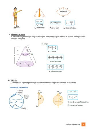 Profesor: Martín H. P. 4
 Semejanza de conos:
Si dos conos son generados por triángulos rectángulos semejantes que giran alrededor de los lados homólogos, dichos
conos son semejantes.
III. ESFERA:
La esfera es una superficie generada por una semicircunferencia que gira 360° alrededor de su diámetro.
 