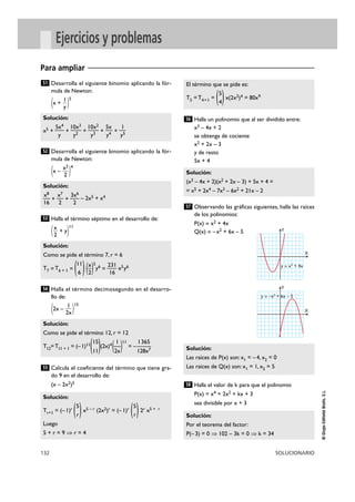 El término que se pide es: 
T5 = T4+1 = ( )x(2x2)4 = 80x9 
56 
5 
4 
Solución: 
(x3 – 4x + 2)(x2 + 2x – 3) + 5x + 4 = 
= x5 + 2x4 – 7x3 – 6x2 + 21x – 2 
57 
Solución: 
Las raíces de P(x) son: x1 = – 4, x2 = 0 
Las raíces de Q(x) son: x1 = 1, x2 = 5 
58 
Para ampliar 
1 
y 
Solución: 
Solución: 
x8 x7 3x6 
—+—+—– 2x5 + x4 
16 2 2 
Solución: 
Como se pide el término 7, r = 6 
11 T x 231 7 = T6 + 1 = ( )(—)5 
Solución: 
Como se pide el término 12, r = 12 
T12= T11 + 1 = (– 1)11( )(2x)4(—)11 
55 
Tr+1 = (– 1)r ( )x5 – r (2x2)r = (– 1)r ( )2r x5 + r 
132 SOLUCIONARIO 
© Grupo Editorial Bruño, S.L. 
Ejercicios y problemas 
Desarrolla el siguiente binomio aplicando la fór-mula 
de Newton: 
(x + )5 
Desarrolla el siguiente binomio aplicando la fór-mula 
de Newton: 
(x – )4 
Halla el término séptimo en el desarrollo de: 
( + y)11 
Halla el término decimosegundo en el desarro-llo 
de: 
(2x – )15 
Calcula el coeficiente del término que tiene gra-do 
9 en el desarrollo de: 
(x – 2x2)5 
Halla un polinomio que al ser dividido entre: 
x3 – 4x + 2 
se obtenga de cociente 
x2 + 2x – 3 
y de resto 
5x + 4 
Observando las gráficas siguientes, halla las raíces 
de los polinomios: 
P(x) = x2 + 4x 
Q(x) = –x2 + 6x – 5 
Halla el valor de k para que el polinomio 
P(x) = x4 + 2x2 + kx + 3 
sea divisible por x + 3 
Solución: 
Por el teorema del factor: 
P(– 3) = 0 ò 102 – 3k = 0 ò k = 34 
Solución: 
5 5 
r r 
Luego 
5 + r = 9 ò r = 4 
15 1 1365 
= –—— 
11 2x 128x7 
1 
2x 
54 
y6 =—x5y6 
6 2 16 
x 
2 
53 
x2 
2 
52 
5x4 10x3 10x2 5x 1 
x5 +—+—+—+—+ — 
y y2 y3 y4 y5 
51 
X 
Y 
y = x2 + 4x 
X 
Y 
y = –x2 + 6x – 5 
 