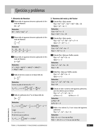 31 
Solución: 
C(x) = 2x2 + x – 2 
R(x) = 12x2 + 11x – 23 
32 
Solución: 
C(x) = 2x4 + 5x3 – 6x – 7 
R(x) = – 7x2 + x – 3 
33 
Solución: 
C(x) = x3 – 3x2 – 9x – 25 
R(x) = – 81 
34 
Solución: 
C(x) = x4 – 2x3 – 4x2 + 8x – 14 
R(x) = 24 
35 
Solución: 
a) P(2) = 29 
b) P(– 2) = – 3 
36 
26 
Solución: 
8x3 – 12x2y + 6xy2 – y3 
Solución: 
—5 10 10 5 1 +—+—+—+—+ 1 
x x2 x3 x4 x5 
28 
Solución: 
x6 + 12x5y + 60x4y2 + 160x3y3 + 240x2y4 + 
+ 192xy5 + 64y6 
Solución: 
Como se pide el término 8, r = 7 
12 y T 99 8 = T7 + 1 = (– 1)7 ( )x5 (—)7 
Tr+1 = (– 1)r ( )(3x)7 – r—= (– 1)r ( )37 – r x7 – 2r 
T2 = T1+1 = – ( )(3x)6 = – 5 103x5 
TEMA 3. POLINOMIOS Y FRACCIONES ALGEBRAICAS 129 
© Grupo Editorial Bruño, S.L. 
Ejercicios y problemas 
1. Binomio de Newton 
Desarrolla el siguiente binomio aplicando la fór-mula 
de Newton: 
(2x – y)3 
Desarrolla el siguiente binomio aplicando la fór-mula 
de Newton: 
( + 1)5 
Desarrolla el siguiente binomio aplicando la fór-mula 
de Newton: 
(x + 2y)6 
Halla el término octavo en el desarrollo de: 
(x – )12 
Halla el coeficiente de x5 en el desarrollo de: 
(3x – )7 
2. Teorema del resto y del factor 
Calcula P(x) : Q(x), siendo: 
P(x) = 4x5 + 2x4 – 12x3 + 10x2 + 20x – 25 
Q(x) = 2x3 – 4x + 1 
Calcula P(x) : Q(x), siendo: 
P(x) = 2x7 + x6 – 8x5 – 3x4 + x2 + 4 
Q(x) = x3 – 2x2 + x – 1 
Calcula P(x) :Q(x) por Ruffini, siendo: 
P(x) = x4 – 6x3 + 2x – 6 
Q(x) = x – 3 
Halla P(x) :Q(x) por Ruffini, siendo: 
P(x) = x5 – 8x3 + 2x – 4 
Q(x) = x + 2 
Calcula el valor numérico del siguiente polinomio, 
para los valores que se indican: 
P(x) = x5 – x3 + 3x2 – 4x + 1 
a) Para x = 2 b) Para x = –2 
Halla si los valores 5 y 3 son raíces del siguiente 
polinomio: 
P(x) = x3 – 3x2 – 13x + 15 
Solución: 
P(5) = 0 ò x = 5 es raíz de P(x) 
P(3) = – 24 ? 0 ò x = 3 no es raíz de P(x) 
Solución: 
7 1 7 
r xr r 
Luego 
7 – 2r = 5 ò r = 1 
El término que se pide es: 
7 
1 
1 
x 
30 
= –—x5 y7 
7 2 16 
y 
2 
29 
1 
x 
27 
 