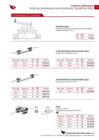 PORTALÁMPARAS                        157
                        PORTALÁMPARAS HALÓGENOS TENSIÓN RED

Portalámparas R7s metálicos




                                                         SOPORTE SQ54.
                                                         Escuadra para fijación del portalámparas 5100 para bombillas
                                                         halógenas lineales de 78 mm.


                                                                                                              CÓDIGO
                                                                                            100     800       470SQ52




                                                         5100 MONTADOS EN ESCUADRA SQ54.
                                                         Escuadra corta para lámpara 78 mm.



TIPO CABLE   LONGITUD                 CÓDIGO              TIPO CABLE      LONGITUD                           CÓDIGO
  SIV 75       20 cm.    25   500    AR3020203                TF20           20 cm.          25     500     AR3040404
  SIV 75       25 cm.    25   500    AR3020253                TF20           40 cm.          25     500     AR3040403




                                                         5100 MONTADOS EN ESCUADRA SQ53.
                                                         Escuadra larga para lámpara118 mm.



TIPO CABLE   LONGITUD                  CÓDIGO             TIPO CABLE      LONGITUD                           CÓDIGO
  SIV 75       25 cm.    25   500    AR3020252                TF20           40 cm.          25     500     AR3040402
  SIV 75       75 cm.    25   500    AR3020752
  SIV 75      100 cm.    25   500    AR3021002




                                                         5120.
                                                         250V. 6A. T1 350ºC.
                                                         Portalámparas para aplicaciones en clase II.


                                                          TIPO CABLE      LONGITUD                           CÓDIGO
                                                             FPFP20          25 cm.          25     500     AR3160250
                                                             FPFP20          50 cm.          25     500     AR3160500
                                                             FPFP20          80 cm.          25     500     AR3160800
                                                             PT75            25 cm.          25     500     AR3180250




                                    Tel. 902 300 101 · Fax +34 963 972 988. koala@koala-sa.es · www.koala-sa.es
 