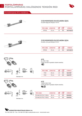 158
      PORTALÁMPARAS
      PORTALÁMPARAS HALÓGENOS TENSIÓN RED

      Portalámparas R7s metálicos



                                                                  5120 MONTADOS EN ESCUADRA SQ53.
                                                                  Escuadra larga para lámpara118 mm.



                                                                      TIPO CABLE   LONGITUD                         CÓDIGO
                                                                        FPFP20        25 cm.          25     500   AR3160252




                                                                  5120 MONTADOS EN ESCUADRA SQ54.
                                                                  Escuadra corta para lámpara 78 mm.



                                                                      TIPO CABLE    LONGITUD                        CÓDIGO
                                                                        FPFP20        25 cm.          25     500   AR3160253




                                                                  A10.
                                                                  6A. 250V. T300
                                                                  Cuerpo de latón niquelado. Aislante esteatita.
                                                                         03




                                                                      TIPO CABLE    LONGITUD                       CÓDIGO
                                                                        TF20          20 cm.          25     400   92A100T
                                                                        TF20          70 cm.          25     300   92A070T




                                                                  A10.
                                                                  1500W. 250V. T250
                                                                  Cuerpo de latón niquelado. Aislante esteatita.




                                                         TIPO CABLE                 LONGITUD                       CÓDIGO
                                                         FEP AWG18 STYLE 1332UL       30 cm.          25     200   92A030U
                                                         FEP AWG18 STYLE 1332UL       50 cm.          25     200   92A050U




      Tel. 902 300 101 · Fax +34 963 972 988. koala@koala-sa.es · www.koala-sa.es
 