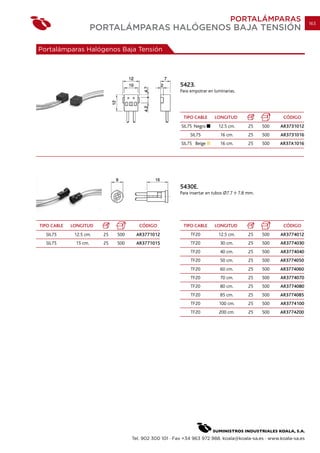 PORTALÁMPARAS                     163
                       PORTALÁMPARAS HALÓGENOS BAJA TENSIÓN

Portalámparas Halógenos Baja Tensión




                                                        5423.
                                                        Para empotrar en luminarias.




                                                          TIPO CABLE     LONGITUD                       CÓDIGO
                                                         SIL75 Negro       12.5 cm.        25    500   AR3731012
                                                             SIL75          16 cm.         25    500   AR3731016
                                                         SIL75 Beige        16 cm.         25    500   AR37A1016




                                                        5430E.
                                                        Para insertar en tubos Ø7.7    7.8 mm.




TIPO CABLE   LONGITUD                  CÓDIGO             TIPO CABLE     LONGITUD                       CÓDIGO
  SIL75       12.5 cm.   25   500    AR3771012               TF20          12.5 cm.        25    500   AR3774012
  SIL75       15 cm.     25   500    AR3771015               TF20           30 cm.         25    500   AR3774030
                                                             TF20           40 cm.         25    500   AR3774040
                                                             TF20           50 cm.         25    500   AR3774050
                                                             TF20           60 cm.         25    500   AR3774060
                                                             TF20           70 cm.         25    500   AR3774070
                                                             TF20           80 cm.         25    500   AR3774080
                                                             TF20           85 cm.         25    500   AR3774085
                                                             TF20          100 cm.         25    500   AR3774100
                                                             TF20          200 cm.         25    500   AR3774200




                                    Tel. 902 300 101 · Fax +34 963 972 988. koala@koala-sa.es · www.koala-sa.es
 