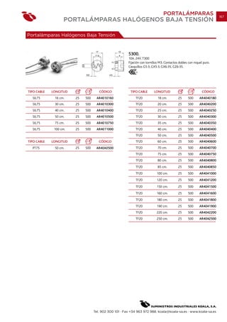 PORTALÁMPARAS                          167
                    PORTALÁMPARAS HALÓGENOS BAJA TENSIÓN

Portalámparas Halógenos Baja Tensión



                                                        5300.
                                                        10A. 24V. T300
                                                        Fijación con tornillos M3. Contactos dobles con niquel puro.
                                                        Casquillos G5·3, GX5·3, GX6·35, GZ6·35.
                                                             03




TIPO CABLE   LONGITUD                 CÓDIGO             TIPO CABLE        LONGITUD                           CÓDIGO
  SIL75       16 cm.    25   500    AR4010160                TF20            18 cm.         25      500     AR4040180
  SIL75       30 cm.    25   500    AR4010300                TF20            20 cm.         25      500     AR4040200
  SIL75       40 cm.    25   500    AR4010400                TF20            25 cm.         25      500     AR4040250
  SIL75       50 cm.    25   500    AR4010500                TF20            30 cm.         25      500     AR4040300
  SIL75       75 cm.    25   500    AR4010750                TF20            35 cm.         25      500     AR4040350
  SIL75       100 cm.   25   500    AR4011000                TF20            40 cm.         25      500     AR4040400
                                                             TF20            50 cm.         25      500     AR4040500
TIPO CABLE   LONGITUD                 CÓDIGO                 TF20            60 cm.         25      500     AR4040600
  PT75        50 cm.    25   500    AR40A0500                TF20            70 cm.         25      500     AR4040700
                                                             TF20            75 cm.         25      500     AR4040750
                                                             TF20            80 cm.         25      500     AR4040800
                                                             TF20            85 cm.         25      500     AR4040850
                                                             TF20           100 cm.         25      500     AR4041000
                                                             TF20           120 cm.         25      500     AR4041200
                                                             TF20           150 cm.         25      500     AR4041500
                                                             TF20           160 cm.         25      500     AR4041600
                                                             TF20           180 cm.         25      500     AR4041800
                                                             TF20           190 cm.         25      500     AR4041900
                                                             TF20           220 cm.         25      500     AR4042200
                                                             TF20           250 cm.         25      500     AR4042500




                                   Tel. 902 300 101 · Fax +34 963 972 988. koala@koala-sa.es · www.koala-sa.es
 