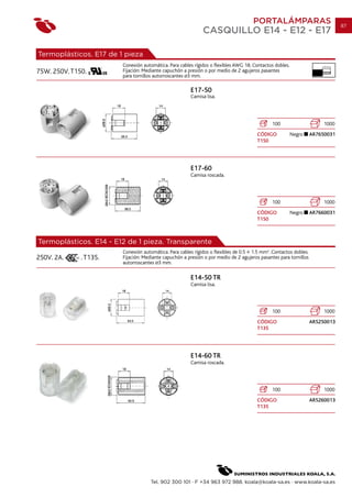 PORTALÁMPARAS                             87
                                                             CASQUILLO E14 - E12 - E17

Termoplásticos. E17 de 1 pieza
                        Conexión automática. Para cables rígidos o flexibles AWG 18. Contactos dobles.                10 mm.

75W. 250V. T150.        Fijación: Mediante capuchón a presión o por medio de 2 agujeros pasantes
                        para tornillos autorroscantes 3 mm.

                                                       E17-50
                                                       Camisa lisa.




                                                                                             100                       1000
                                                                                      CÓDIGO             Negro    AR7650031
                                                                                      T150




                                                       E17-60
                                                       Camisa roscada.




                                                                                             100                       1000
                                                                                      CÓDIGO             Negro    AR7660031
                                                                                      T150



Termoplásticos. E14 - E12 de 1 pieza. Transparente
                        Conexión automática. Para cables rígidos o flexibles de 0.5 1.5 mm2. Contactos dobles.
250V. 2A.     . T135.   Fijación: Mediante capuchón a presión o por medio de 2 agujeros pasantes para tornillos
                        autorroscantes 3 mm.

                                                       E14-50 TR
                                                       Camisa lisa.




                                                                                             100                       1000
                                                                                      CÓDIGO                      AR5250013
                                                                                      T135




                                                       E14-60 TR
                                                       Camisa roscada.




                                                                                             100                       1000
                                                                                      CÓDIGO                      AR5260013
                                                                                      T135




                                     Tel. 902 300 101 · F +34 963 972 988. koala@koala-sa.es · www.koala-sa.es
 