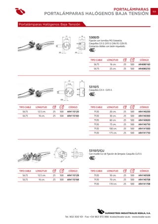 PORTALÁMPARAS                      169
                    PORTALÁMPARAS HALÓGENOS BAJA TENSIÓN

Portalámparas Halógenos Baja Tensión



                                                         5300/D
                                                         Fijación con tornillos M3. Esteatita.
                                                         Casquillos G5·3, GX5·3, GX6·35, GZ6·35.
                                                         Contactos dobles con latón niquelado.
                                                              03




                                                          TIPO CABLE       LONGITUD                          CÓDIGO
                                                              SIL75           16 cm.        25     500     AR4080160
                                                              SIL75           25 cm.        25     500     AR4080250




                                                         5310/5
                                                         Casquillos G5·3 - GX5·3.
                                                              03




TIPO CABLE   LONGITUD                  CÓDIGO             TIPO CABLE       LONGITUD                          CÓDIGO
  SIL75       12.5 cm.   25   500    AR4110120                TF20            20 cm.        25     500     AR4140200
  SIL75       16 cm.     25   500    AR4110160                TF20            30 cm.        25     500     AR4140300
                                                              TF20            60 cm.        25     500     AR4140600
                                                              TF20            75 cm.        25     500     AR4140750
                                                              TF20           100 cm.        25     500     AR4141000
                                                              TF20           175 cm.        25     500     AR4141750




                                                         5310/5/GU
                                                         Con muelle GU de fijación de lámpara. Casquillo GU5·3.
                                                              03




TIPO CABLE   LONGITUD                  CÓDIGO             TIPO CABLE       LONGITUD                          CÓDIGO
  SIL75       12.5 cm.   25   500    AR4110128                TF20            50 cm.        25     500     AR4140508
  SIL75       16 cm.     25   500    AR4110168                TF20            70 cm.        25     500     AR4140708
                                                              TF20           170 cm.        25     500     AR4141708




                                    Tel. 902 300 101 · Fax +34 963 972 988. koala@koala-sa.es · www.koala-sa.es
 
