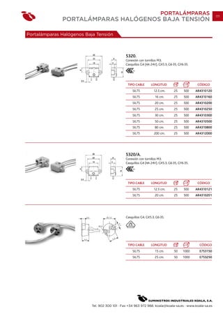 PORTALÁMPARAS                      171
              PORTALÁMPARAS HALÓGENOS BAJA TENSIÓN

Portalámparas Halógenos Baja Tensión



                                                5320.
                                                Conexión con tornillos M3.
                                                Casquillos G4 (4A 24V), GX5.3, G6·35, GY6·35.
                                                     03




                                                 TIPO CABLE       LONGITUD                       CÓDIGO
                                                    SIL75           12.5 cm.      25     500    AR4310120
                                                    SIL75            16 cm.       25     500    AR4310160
                                                    SIL75            20 cm.       25     500    AR4310200
                                                    SIL75            25 cm.       25     500    AR4310250
                                                    SIL75            30 cm.       25     500    AR4310300
                                                    SIL75            50 cm.       25     500    AR4310500
                                                    SIL75            80 cm.       25     500    AR4310800
                                                    SIL75           200 cm.       25     500    AR4312000




                                                5320/A.
                                                Conexión con tornillos M3.
                                                Casquillos G4 (4A 24V), GX5.3, G6·35, GY6·35.
                                                     03




                                                 TIPO CABLE       LONGITUD                       CÓDIGO
                                                    SIL75           12.5 cm.      25     500    AR4310121
                                                    SIL75            20 cm.       25     500    AR4310201




                                                Casquillos G4, GX5.3, G6·35.




                                                 TIPO CABLE       LONGITUD                        CÓDIGO
                                                    SIL75            15 cm.       50     1000     E753150
                                                    SIL75            25 cm.       50     1000     E753250




                           Tel. 902 300 101 · Fax +34 963 972 988. koala@koala-sa.es · www.koala-sa.es
 