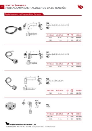 172
      PORTALÁMPARAS
      PORTALÁMPARAS HALÓGENOS BAJA TENSIÓN

      Portalámparas Halógenos Baja Tensión



                                                                  P54.
                                                                  Casquillos G6, 35-GY6, 35. 10A/24V. IP20
                                                                       03




                                                                   TIPO CABLE       LONGITUD                        CÓDIGO
                                                                       TF20           20 cm.          25     2000   92P540T
                                                                       TF20           75 cm.          25     1000   92P547T




                                                                  P80.
                                                                  Casquillos G6, 35-GY6, 35. 10A/24V. IP20
                                                                       03




                                                                   TIPO CABLE       LONGITUD                        CÓDIGO
                                                                       TF20           20 cm.          25     1000   92P80PT




                                                                  P65.
                                                                  Casquillos G5·3, GX5.3, 8A/24V.
                                                                       03




                                                                   TIPO CABLE       LONGITUD                        CÓDIGO
                                                                       TF20           20 cm.          25     2000   92P650T




                                                                  P75.
                                                                  T350ºC.




                                                                   TIPO CABLE       LONGITUD                        CÓDIGO
                                                                    SIN CABLE                         25     2500   92P7500
                                                                      SIL75           15 cm.          25     1000   92P7515




      Tel. 902 300 101 · Fax +34 963 972 988. koala@koala-sa.es · www.koala-sa.es
 