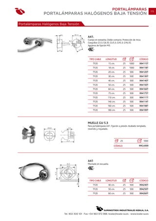 PORTALÁMPARAS                            173
              PORTALÁMPARAS HALÓGENOS BAJA TENSIÓN

Portalámparas Halógenos Baja Tensión



                                                A41.
                                                Cuerpo en esteatita. Doble contacto. Protección de mica.
                                                Casquillos G5.3, G6.35, GU5.3, GX5.3, GY6.35.
                                                Agujeros de fijación M3.
                                                     03




                                                 TIPO CABLE       LONGITUD                            CÓDIGO
                                                     TF20            15 cm.            25   1000      994115T
                                                     TF20            18 cm.            25   1000      994118T
                                                     TF20            20 cm.            25   500       994120T
                                                     TF20            30 cm.            25   500       994130T
                                                     TF20            40 cm.            25   500       994140T
                                                     TF20            50 cm.            25   500       994150T
                                                     TF20            60 cm.            25   500       994160T
                                                     TF20            75 cm.            25   500       994175T
                                                     TF20           110 cm.            25   500       994111T
                                                     TF20           140 cm.            25   500       994114T
                                                     TF20           160 cm.            25   500       994198T
                                                     TF20           180 cm.            25   500       994199T




                                                MUELLE GU 5.3
                                                Para portalámparas A41. Fijación a presión. Acabado templado,
                                                revenido y niquelado.




                                                                                  25                       1000

                                                                           CÓDIGO                    99GU000




                                                A41
                                                Montado en escuadra.
                                                     03




                                                 TIPO CABLE       LONGITUD                            CÓDIGO
                                                     TF20            40 cm.            25   500       994240T
                                                     TF20            50 cm.            25   500       994250T
                                                     TF20            60 cm.            25   500       994260T




                           Tel. 902 300 101 · Fax +34 963 972 988. koala@koala-sa.es · www.koala-sa.es
 
