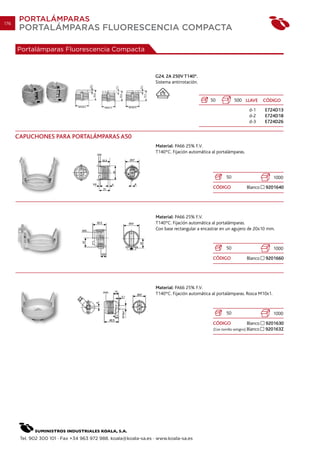 176
       PORTALÁMPARAS
       PORTALÁMPARAS FLUORESCENCIA COMPACTA

      Portalámparas Fluorescencia Compacta



                                                                 G24. 2A 250V T140º.
                                                                 Sistema antirrotación.


                                                                                            50             500 LLAVE           CÓDIGO
                                                                                                                     d-1       E724D13
                                                                                                                     d-2       E724D18
                                                                                                                     d-3       E724D26


      CAPUCHONES PARA PORTALÁMPARAS A50
                                                                 Material: PA66 25% F.V.
                                                                 T140ºC. Fijación automática al portalámparas.




                                                                                                      50                          1000

                                                                                             CÓDIGO                Blanco      9201640




                                                                 Material: PA66 25% F.V.
                                                                 T140ºC. Fijación automática al portalámparas.
                                                                 Con base rectangular a encastrar en un agujero de 20x10 mm.


                                                                                                      50                          1000

                                                                                             CÓDIGO                Blanco      9201660




                                                                 Material: PA66 25% F.V.
                                                                 T140ºC. Fijación automática al portalámparas. Rosca M10x1.



                                                                                                      50                          1000

                                                                                             CÓDIGO                Blanco      9201630
                                                                                              (Con tornillo antigiro) Blanco   920163Z




       Tel. 902 300 101 · Fax +34 963 972 988. koala@koala-sa.es · www.koala-sa.es
 