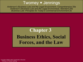 Chapter 3  Business Ethics, Social Forces, and the Law Twomey    Jennings Anderson’s Business Law and the Legal Environment , Comprehensive 20e Anderson’s Business Law and the Legal Environment , Standard 20e Business Law: Principles for Today’s Commercial Environment  2e 