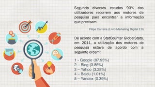 Segundo diversos estudos 90% dos
utilizadores recorrem aos motores de
pesquisa para encontrar a informação
que precisam.
Filipe Carreira (Livro Marketing Digital 2.0)
De acordo com a StatCounter GlobalStats,
em 2011, a utilização dos motores de
pesquisa estava de acordo com a
seguinte ordem:
1 - Google (87.95%)
2 – Bing (3.85%)
3 – Yahoo (3.28%)
4 – Baidu (1.01%)
5 – Yandex (0.39%)
 