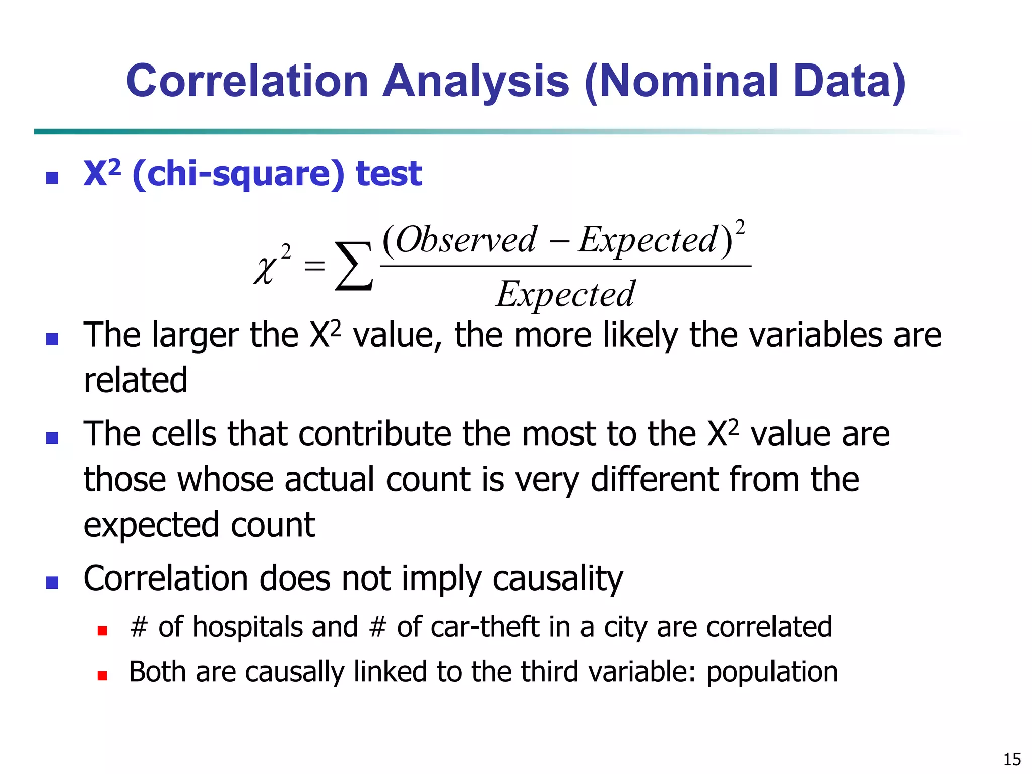 15
Correlation Analysis (Nominal Data)
 Χ2 (chi-square) test
 The larger the Χ2 value, the more likely the variables are
related
 The cells that contribute the most to the Χ2 value are
those whose actual count is very different from the
expected count
 Correlation does not imply causality
 # of hospitals and # of car-theft in a city are correlated
 Both are causally linked to the third variable: population



Expected
ExpectedObserved 2
2 )(

 