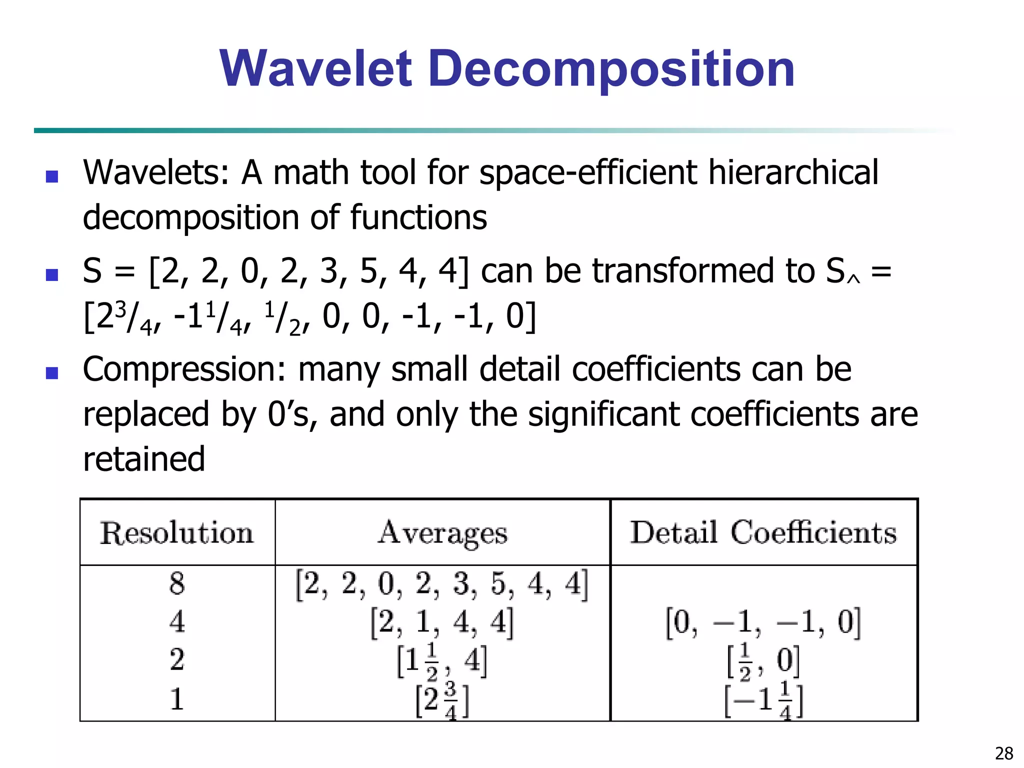 28
Wavelet Decomposition
 Wavelets: A math tool for space-efficient hierarchical
decomposition of functions
 S = [2, 2, 0, 2, 3, 5, 4, 4] can be transformed to S^ =
[23/4, -11/4, 1/2, 0, 0, -1, -1, 0]
 Compression: many small detail coefficients can be
replaced by 0’s, and only the significant coefficients are
retained
 