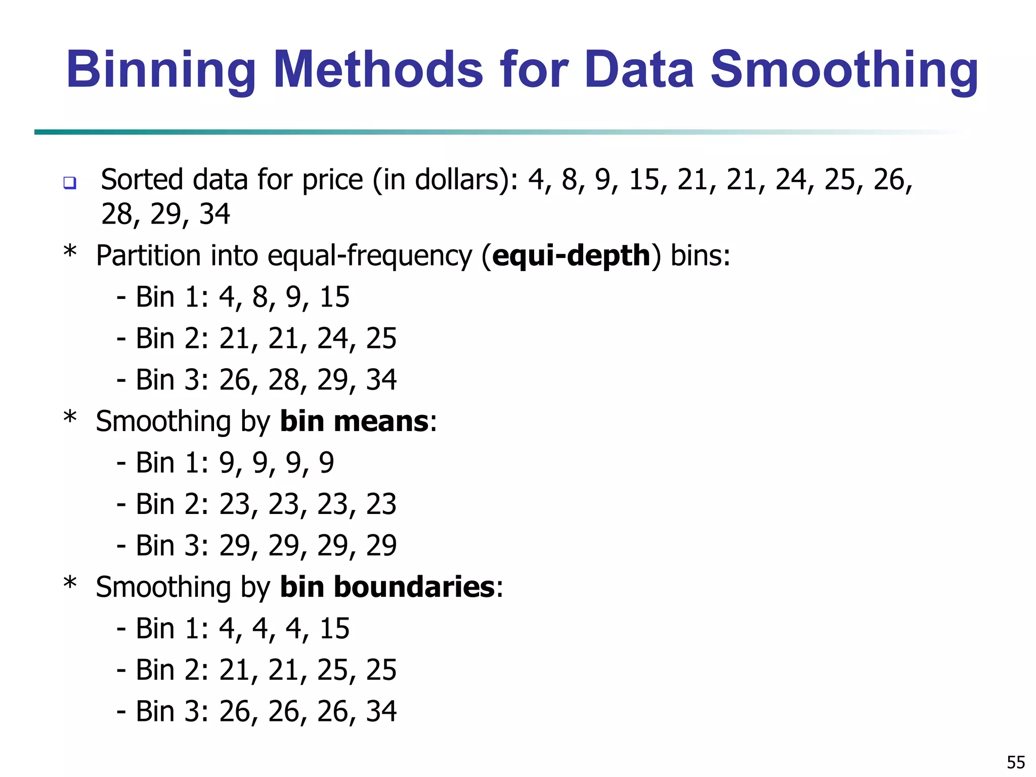 55
Binning Methods for Data Smoothing
 Sorted data for price (in dollars): 4, 8, 9, 15, 21, 21, 24, 25, 26,
28, 29, 34
* Partition into equal-frequency (equi-depth) bins:
- Bin 1: 4, 8, 9, 15
- Bin 2: 21, 21, 24, 25
- Bin 3: 26, 28, 29, 34
* Smoothing by bin means:
- Bin 1: 9, 9, 9, 9
- Bin 2: 23, 23, 23, 23
- Bin 3: 29, 29, 29, 29
* Smoothing by bin boundaries:
- Bin 1: 4, 4, 4, 15
- Bin 2: 21, 21, 25, 25
- Bin 3: 26, 26, 26, 34
 