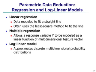 37
Parametric Data Reduction:
Regression and Log-Linear Models
 Linear regression
 Data modeled to fit a straight line
 Often uses the least-square method to fit the line
 Multiple regression
 Allows a response variable Y to be modeled as a
linear function of multidimensional feature vector
 Log-linear model
 Approximates discrete multidimensional probability
distributions
 