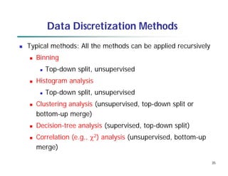 35
Data Discretization Methods
 Typical methods: All the methods can be applied recursively
 Binning
 Top-down split, unsupervised
 Histogram analysis
 Top-down split, unsupervised
 Clustering analysis (unsupervised, top-down split or
bottom-up merge)
 Decision-tree analysis (supervised, top-down split)
 Correlation (e.g., 2) analysis (unsupervised, bottom-up
merge)
 