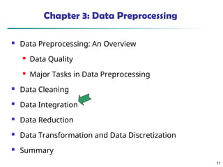 11
11
Chapter 3: Data Preprocessing
 Data Preprocessing: An Overview
 Data Quality
 Major Tasks in Data Preprocessing
 Data Cleaning
 Data Integration
 Data Reduction
 Data Transformation and Data Discretization
 Summary
 