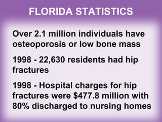 FLORIDA STATISTICS
Over 2.1 million individuals have
osteoporosis or low bone mass
1998 - 22,630 residents had hip
fractures
1998 - Hospital charges for hip
fractures were $477.8 million with
80% discharged to nursing homes
 
