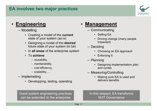 EA involves two major practices
• Engineering
– Modelling
• Creating a model of the current
state of your system (as is)
•...