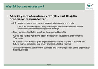 Why EA became necessary ?
• After 20 years of existence of IT (70’s and 80’s), the
observation was made that :
– Informati...