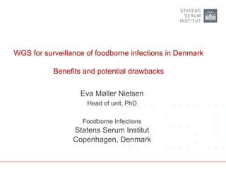 WGS for surveillance of foodborne infections in Denmark
Benefits and potential drawbacks
Eva Møller Nielsen
Head of unit, PhD
Foodborne Infections
Statens Serum Institut
Copenhagen, Denmark
 