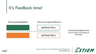 European Students of Industrial Engineering and Management
www.estiem.org
It’s Feedback time!
2
Persons giving feedback
Li...
