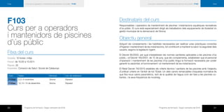 30 Programa de formació / Segon semestre del 2016 31Programa de formació / Segon semestre del 2016
Curs Curs per a operadors i mantenidors de piscines d’ús públic | F103 CursCurs per a operadors i mantenidors de piscines d’ús públic | F103
F103
Curs per a operadors
i mantenidors de piscines
d’ús públic
Fitxa del curs
Durada: 10 hores i mitja
Horari: de 10.00 a 13.30 h
Places: 25
Imparteix: Consorci de Salut i Social de Catalunya
Codi Dates Municipi Lloc de realització
F103ab 2,3 i 4 novembre Girona Dipsalut
F103ac 12,13 i 15 de desembre Girona Dipsalut
Destinataris del curs
Responsables i operadors de manteniment de piscines i instal·lacions aquàtiques recreatives
d’ús públic. El curs està especialment dirigit als treballadors dels equipaments de titularitat i/o
gestió municipal de la demarcació de Girona.
Objectiu general
Adquirir els coneixements i les habilitats necessàries per realitzar unes pràctiques correctes
d’higiene i manteniment de les instal·lacions, tot contribuint a mantenir la salut i la seguretat dels
usuaris, segons la legislació vigent.
El Decret 95/2000, pel qual s’estableixen les normes sanitàries aplicables a les piscines d’ús
públic, i el Decret 165/2001, de 12 de juny, que els complementa, estableixen que el personal
d’operació i manteniment de les piscines d’ús públic tingui la formació necessària per poder
garantir la salubritat, el funcionament i el manteniment de les instal·lacions.
El Reial Decret 742/2013 estableix els criteris tècnics i sanitaris de les piscines amb l’objectiu
d’unificar criteris en l’àmbit de tot l’Estat. Un dels canvis remarcables d’aquesta normativa és
que fixa nous valors paramètrics, tant de la qualitat de l’aigua com de l’aire a les piscines co-
bertes, i la seva freqüència de mostreig.
 