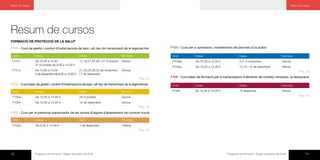 10 Programa de formació / Segon semestre del 2016 11Programa de formació / Segon semestre del 2016
Resum de cursos Resum de cursos
Resum de cursos
FORMACIÓ DE PROTECCIÓ DE LA SALUT
F101 - Curs de gestió i control d’instal·lacions de baix i alt risc de transmissió de la legionel·losi
Codi Hores Dates Municipi
F101t De 10.00 a 14.00
27 d’octubre de 9.00 a 14.00 h
17,19,21,24,26 i 27 d’octubre Girona
F101u De 10.00 a 14.00
2 de desembre de 9.00 a 14.00 h
21,23,25,28,30 de novembre
i 2 de desembre
Girona
F105 - Curs bàsic de gestió i control d’instal·lacions de baix i alt risc de transmissió de la legionel·losi
Codi Hores Dates Municipi
F105w De 10.00 a 14.00 h 25 d’octubre Girona
F105x De 10.00 a 14.00 h 13 de desembre Girona
F102 - Curs per al personal manipulador de les xarxes d’aigües d’abastament de consum humà
Codi Hores Data Municipi
F102q De 9.00 a 14.00 h 1 de desembre Girona
F103 - Curs per a operadors i mantenidors de piscines d’ús públic
Codi Hores Dates Municipi
F103ab De 10.00 a 13.30 h 2,3 i 4 novembre Girona
F103ac De 10.00 a 13.30 h 12,14 i 15 de desembre Girona
F108 - Curs bàsic de formació per a manipuladors d’aliments del comerç minorista i la restauració
Codi Hores Dates Municipi
F108n De 10.00 a 14.00 h 16 desembre Girona
Pàg. 20
Pàg. 30
Pàg. 24
Pàg. 34
Pàg. 28
 
