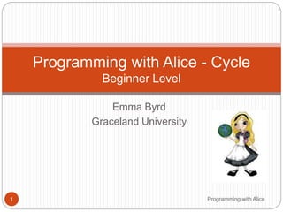 Emma Byrd
Graceland University
Programming with Alice1
Programming with Alice - Cycle
Beginner Level
 