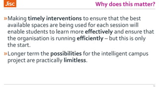 Why does this matter?
»Making timely interventions to ensure that the best
available spaces are being used for each session will
enable students to learn more effectively and ensure that
the organisation is running efficiently – but this is only
the start.
»Longer term the possibilities for the intelligent campus
project are practically limitless.
14
 