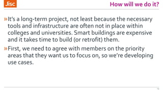 How will we do it?
»It’s a long-term project, not least because the necessary
tools and infrastructure are often not in place within
colleges and universities. Smart buildings are expensive
and it takes time to build (or retrofit) them.
»First, we need to agree with members on the priority
areas that they want us to focus on, so we’re developing
use cases.
19
 