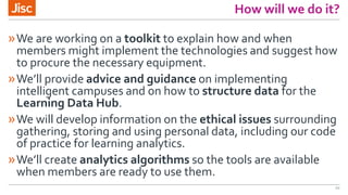 How will we do it?
»We are working on a toolkit to explain how and when
members might implement the technologies and suggest how
to procure the necessary equipment.
»We’ll provide advice and guidance on implementing
intelligent campuses and on how to structure data for the
Learning Data Hub.
»We will develop information on the ethical issues surrounding
gathering, storing and using personal data, including our code
of practice for learning analytics.
»We’ll create analytics algorithms so the tools are available
when members are ready to use them.
20
 