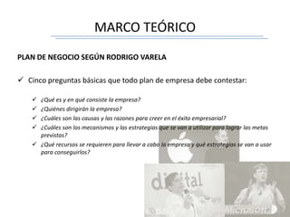 MARCO TEÓRICO
PLAN DE NEGOCIO SEGÚN RODRIGO VARELA
 Cinco preguntas básicas que todo plan de empresa debe contestar:
 ¿Qué es y en qué consiste la empresa?
 ¿Quiénes dirigirán la empresa?
 ¿Cuáles son las causas y las razones para creer en el éxito empresarial?
 ¿Cuáles son los mecanismos y las estrategias que se van a utilizar para lograr las metas
previstas?
 ¿Qué recursos se requieren para llevar a cabo la empresa y qué estrategias se van a usar
para conseguirlos?
 