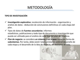 METODOLOGÍA
TIPO DE INVESTIGACIÓN
 Investigación explorativa: recolección de información - organización y
análisis de datos - deducción de conclusiones definitivas en cada etapa del
plan.
 Tipos de datos de fuentes secundarias: informes
estadísticos, publicaciones y todo tipo de documento o investigación que
pueda ser utilizado para el análisis de cada fase del plan de empresa.
 Plan de negocio: se considera un sistema y sus etapas tomarían forma de
subsistemas. Por tanto, debe existir total correlación entre el desarrollo de
cada etapa y el desarrollo de la idea de negocio, sin desviarse de ésta.
 