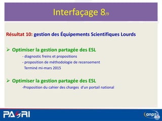 Résultat 10: gestion des Équipements Scientifiques Lourds
 Optimiser la gestion partagée des ESL
- diagnostic freins et propositions
- proposition de méthodologie de recensement
Terminé mi-mars 2015
 Optimiser la gestion partagée des ESL
-Proposition du cahier des charges d’un portail national
Interfaçage 8/9
 