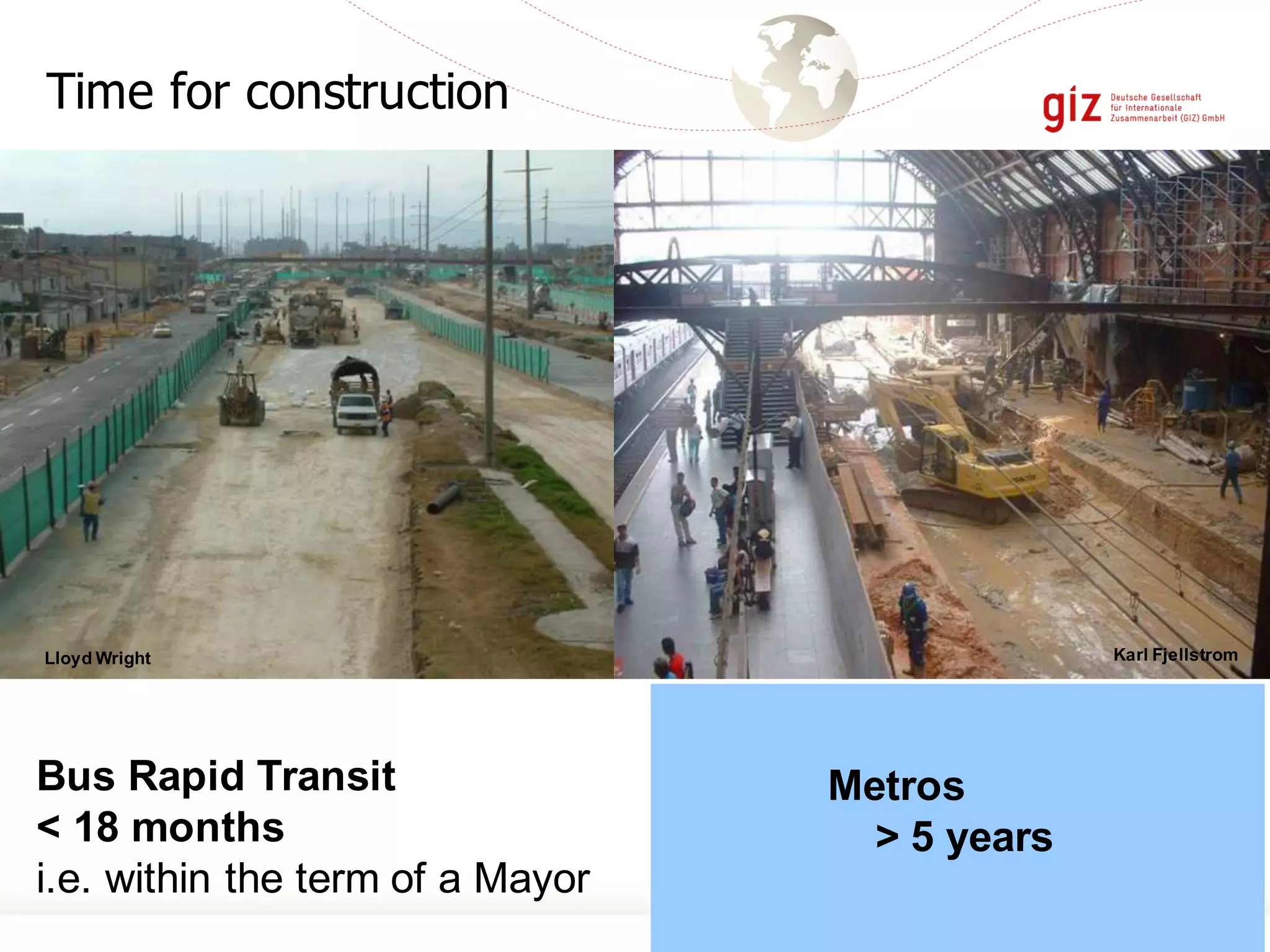 Time for construction
Bus Rapid Transit
< 18 months
i.e. within the term of a Mayor
Metros
> 5 years
Lloyd Wright Karl Fjellstrom
 