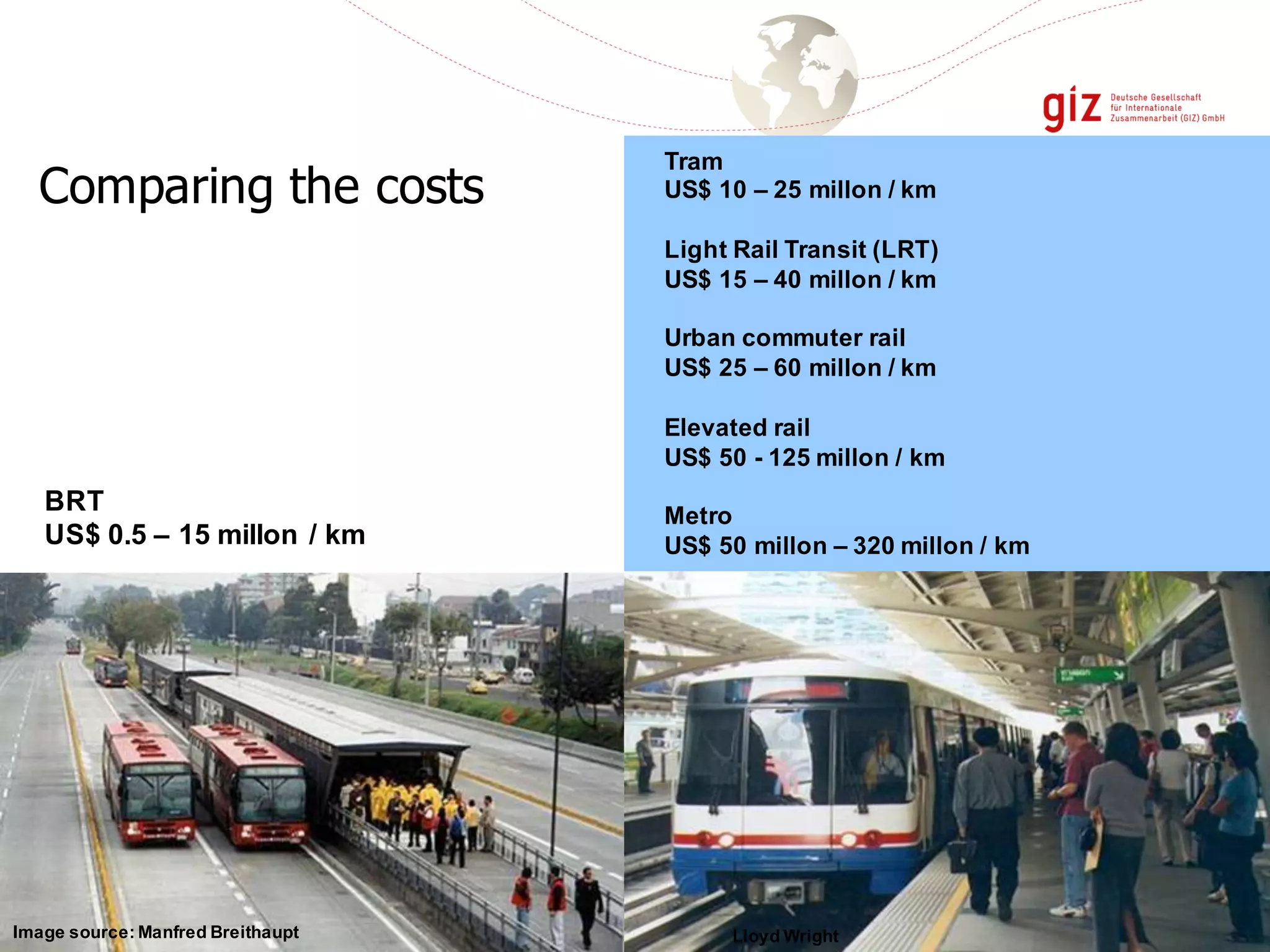 Comparing the costs
BRT
US$ 0.5 – 15 millon / km
Tram
US$ 10 – 25 millon / km
Light Rail Transit (LRT)
US$ 15 – 40 millon / km
Urban commuter rail
US$ 25 – 60 millon / km
Elevated rail
US$ 50 - 125 millon / km
Metro
US$ 50 millon – 320 millon / km
Image source: Manfred Breithaupt Lloyd Wright
 