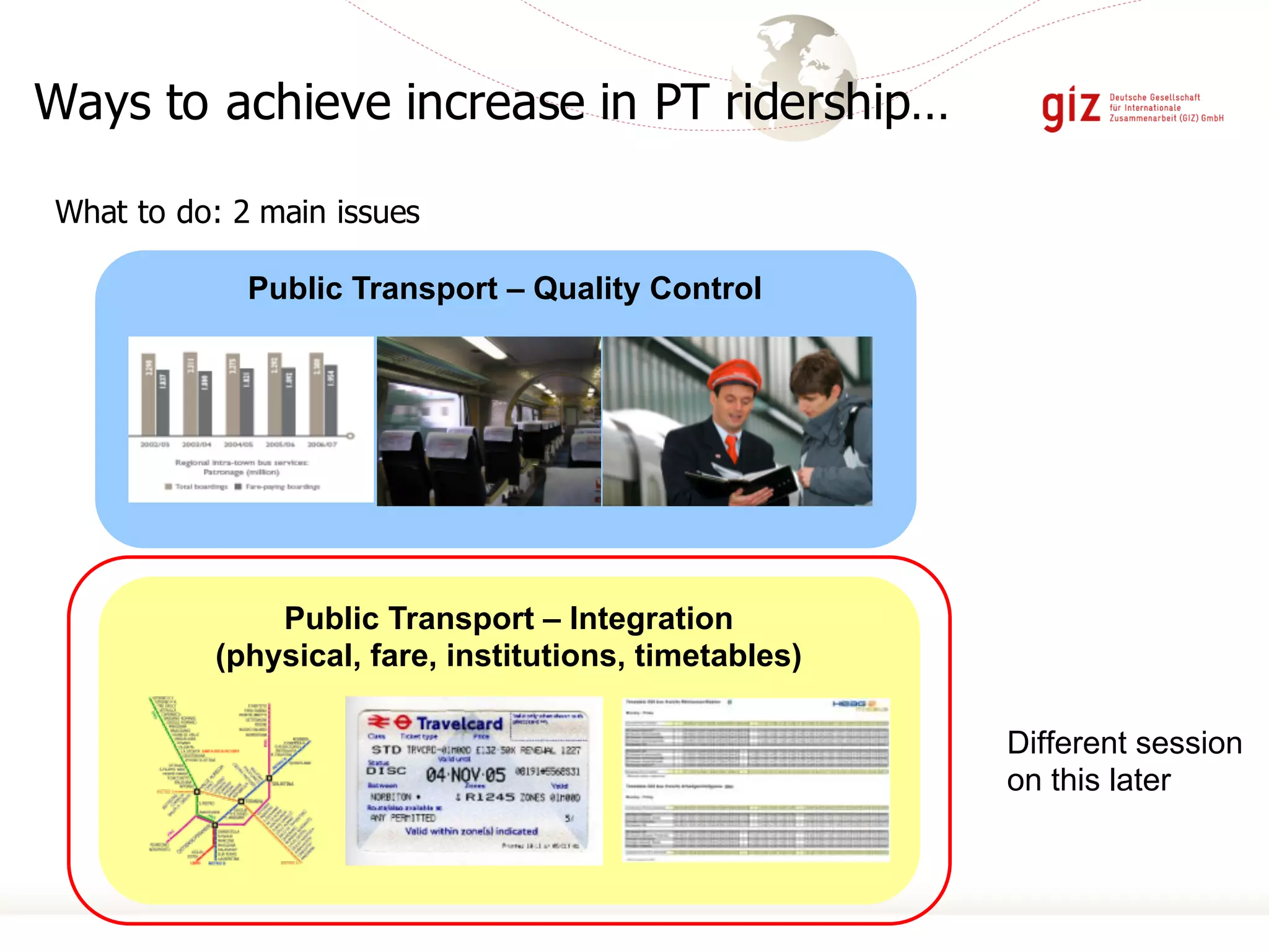 What to do: 2 main issues
Public Transport – Quality Control
Public Transport – Integration
(physical, fare, institutions, timetables)
Ways to achieve increase in PT ridership…
Different session
on this later
 