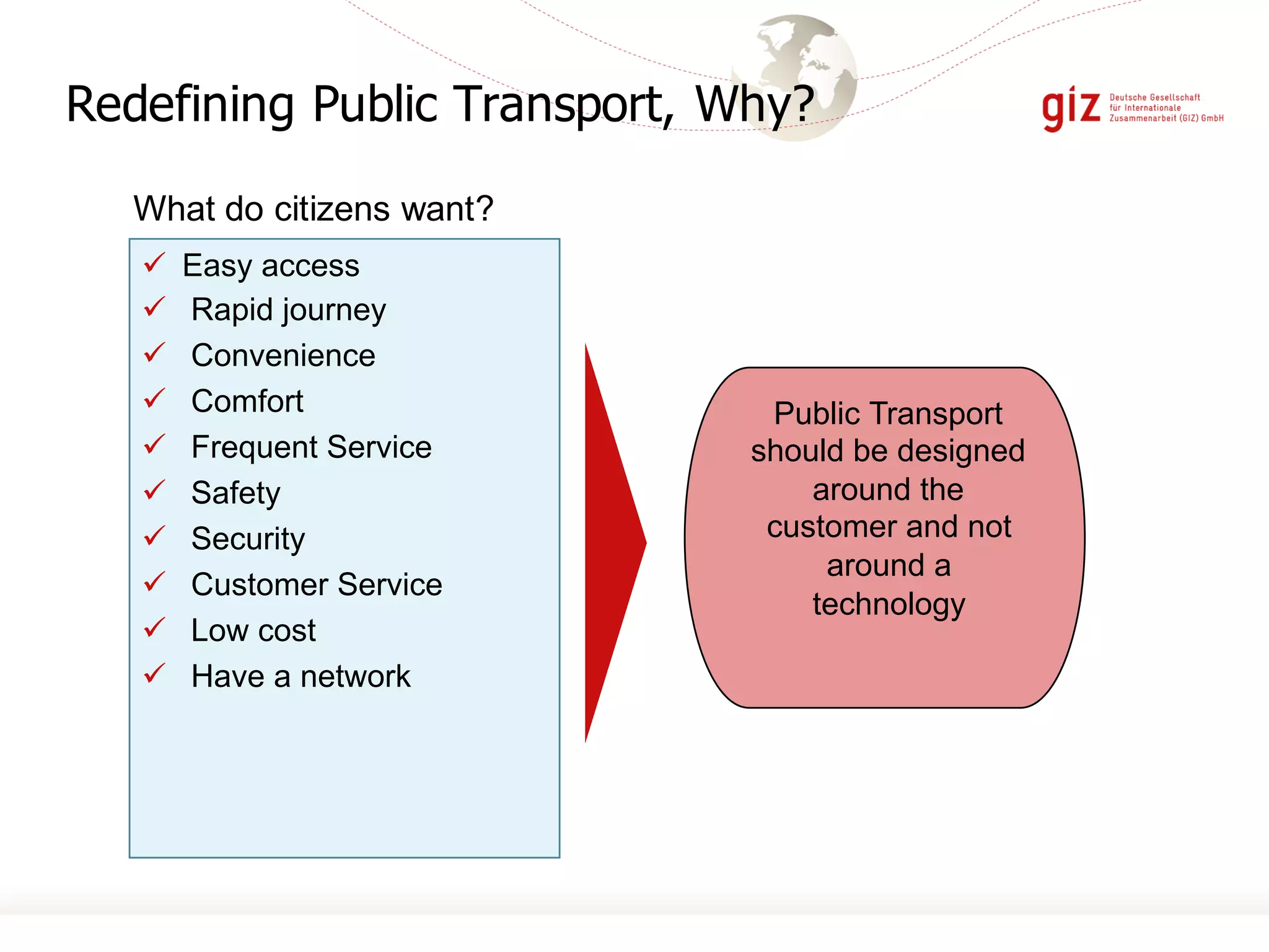 Redefining Public Transport, Why?
What do citizens want?
ü Easy access
ü Rapid journey
ü Convenience
ü Comfort
ü Frequent Service
ü Safety
ü Security
ü Customer Service
ü Low cost
ü Have a network
Public Transport
should be designed
around the
customer and not
around a
technology
 