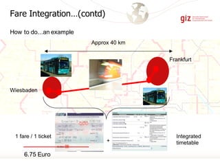 Fare Integration…(contd)
Wiesbaden
Frankfurt
6.75 Euro
+
1 fare / 1 ticket Integrated
timetable
Approx 40 km
How to do...an example
 